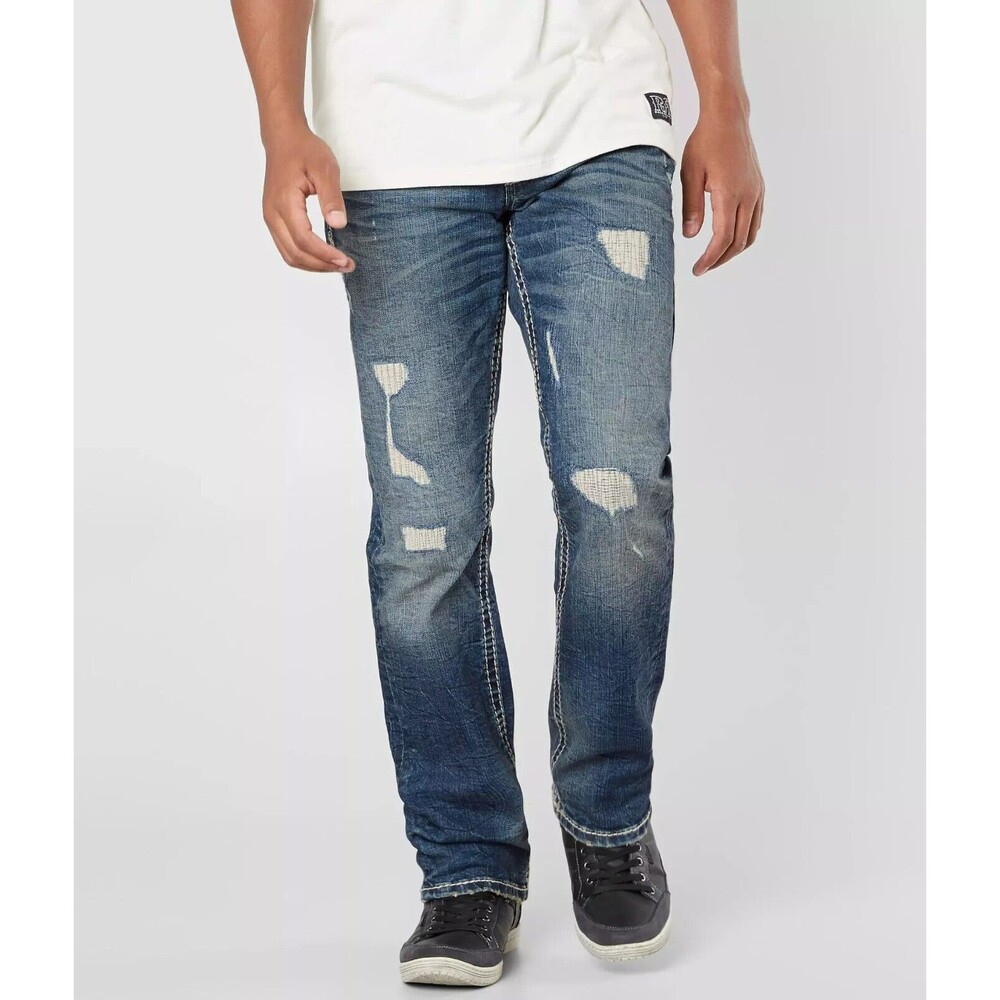 NWOT ROCK REVIVAL MEN'S JEANS 32X35 NAKIO Straight DISTRESSED